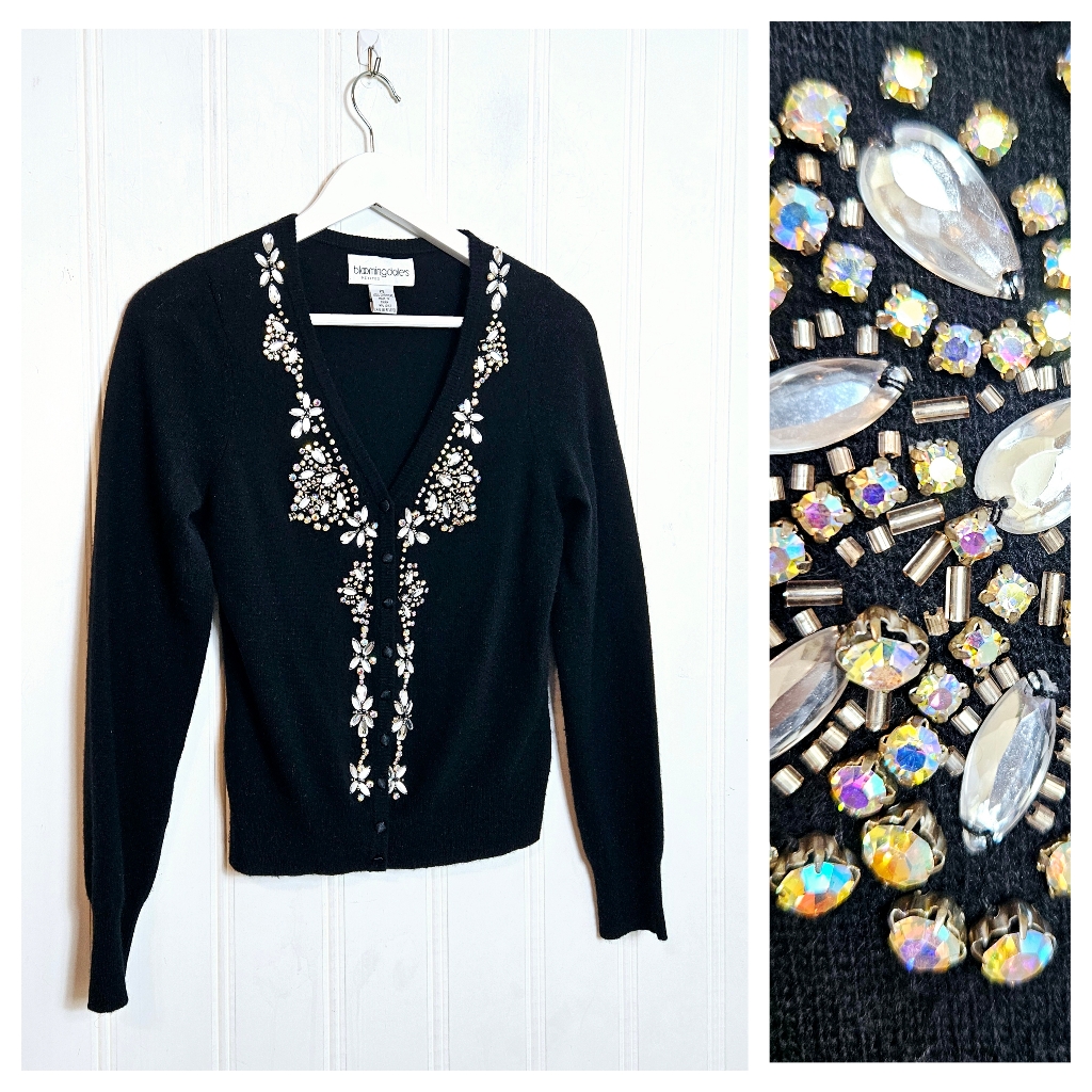 Bloomingdale’s Vintage Cashmere Jeweled Cardigan Black Rhinestone Sp Petite